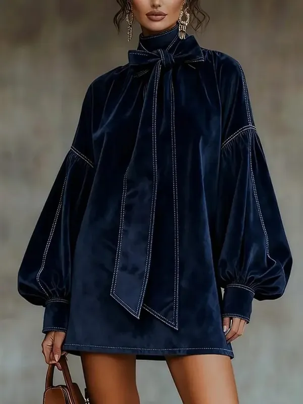 Américain rétro col haut lanterne manches longues nœud papillon élégant velours femmes Mini robes décontracté automne haute robe de rue