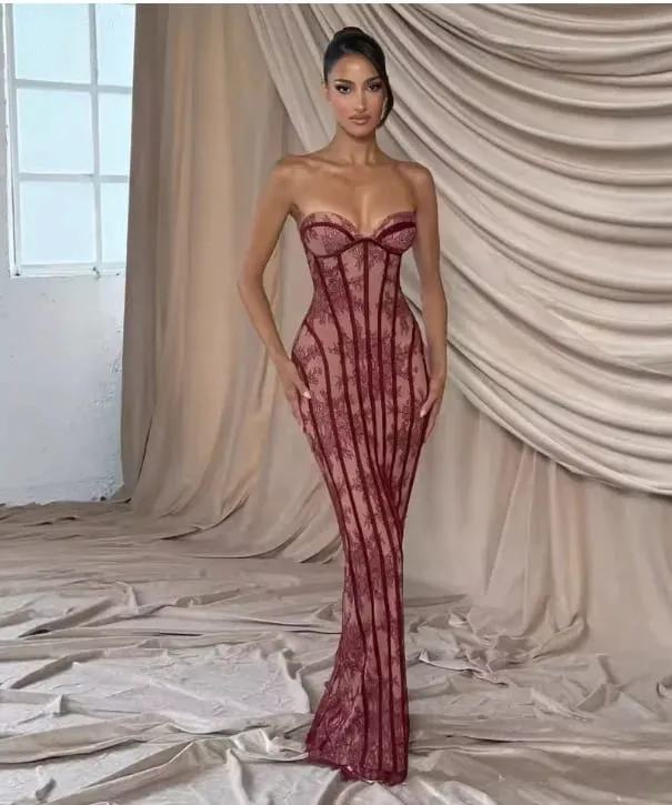 Elegante Chic Gaze Fishbone Party Kleid Off-schulter Liebsten Maxi Kleid Frauen Spitze Gestaltung Taille Vestidos 2026 Abendkleider — image 1