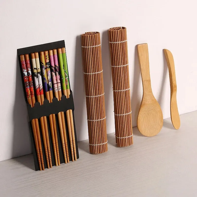 9 pezzi/set kit per la preparazione di sushi in bambù tappetino per sushi incluso 2 tappetini per sushi 5 paia di bacchette 1 pagaia 1 strumento di cottura spalmatore — image 2