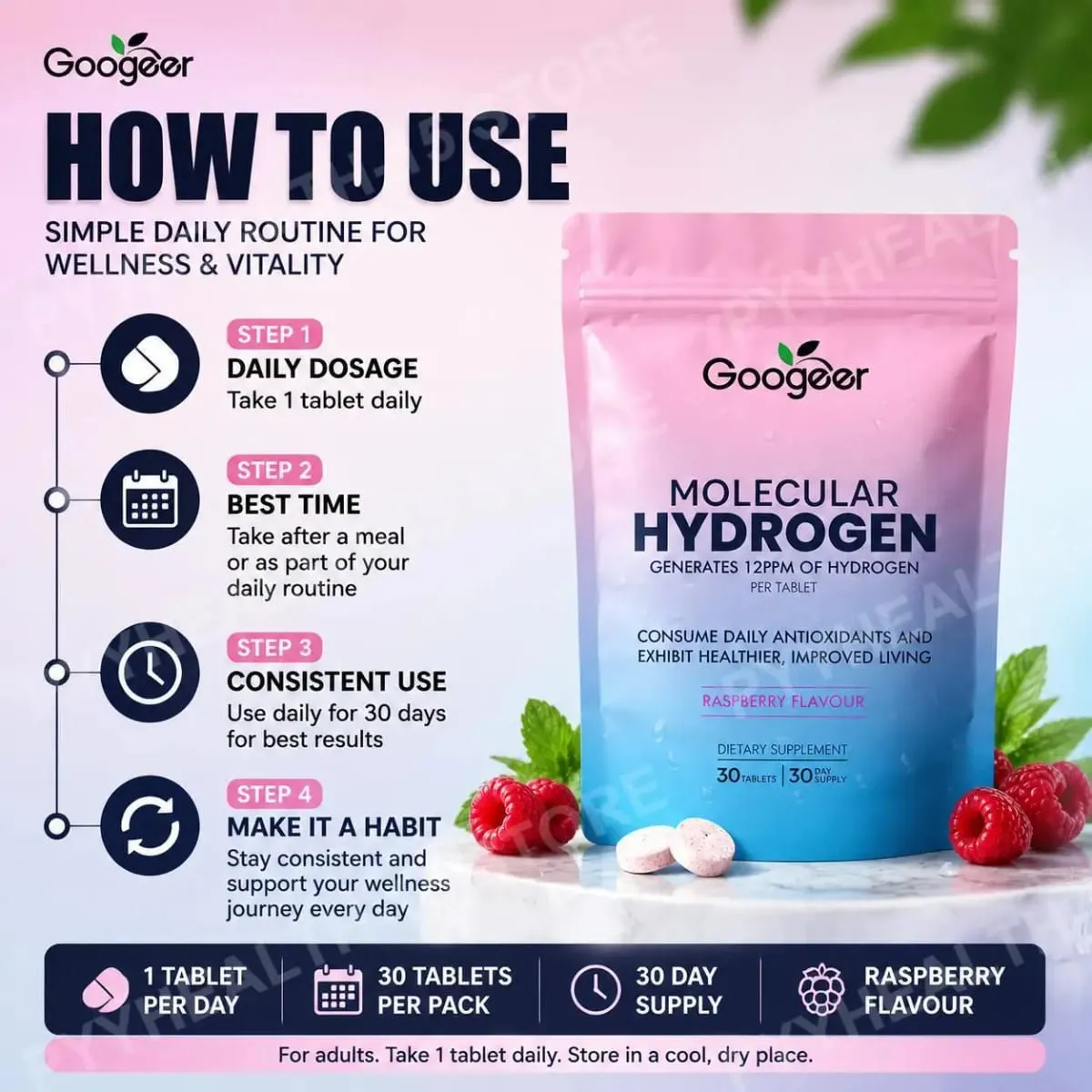 Moleküler Hidrojen Su Tabletleri 12 PPM Magnezyum Ahududu Aromalı Günlük Sağlık ve Antioksidan Desteği 30 Tablet — image 5