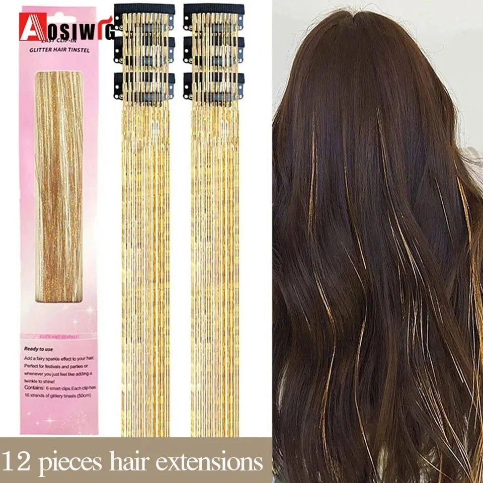 12 pièces/paquet Extensions de cheveux blonds scintillants pince en arc-en-ciel brillant étincelant guirlandes de cheveux résistant à la chaleur étincelle Extensions de cheveux pour W — image 2