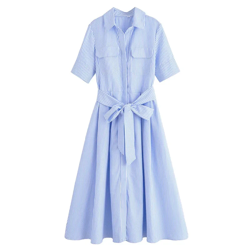 HH femmes été revers manches courtes poche simple boutonnage ceinture décorer robe Midi femme mode chemise Style robe plissée — image 11