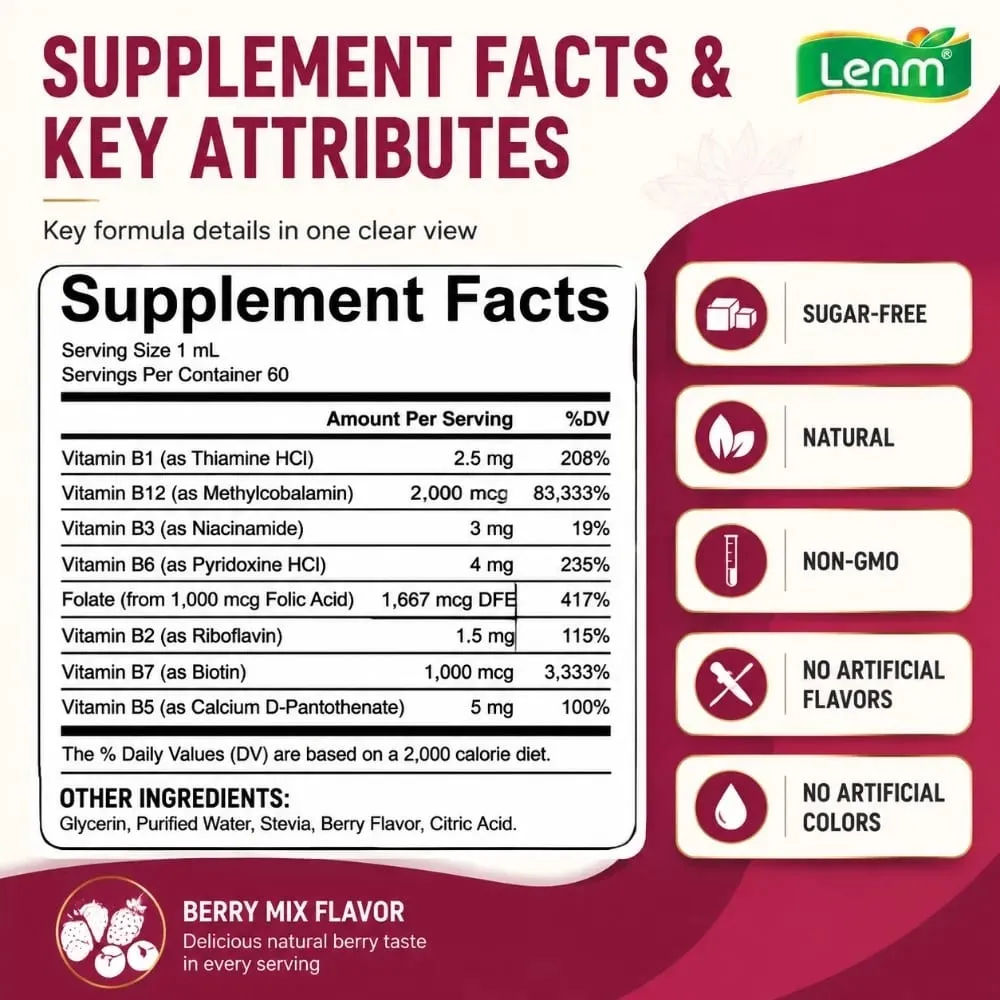 Lenm B Kompleks Sıvı Damlaları 8'i 1 arada B12 ile 2000mcg B1 B2 B3 B5 B6 B7 Enerji ve Metabolizma Desteği için Folat Şekersiz 60ML — image 6