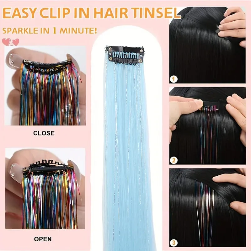 Clip BB nelle estensioni dei capelli sintetici con fili d'argento laser Pezzi di capelli colorati lucenti per l'uso quotidiano delle feste Nessun danno — image 6