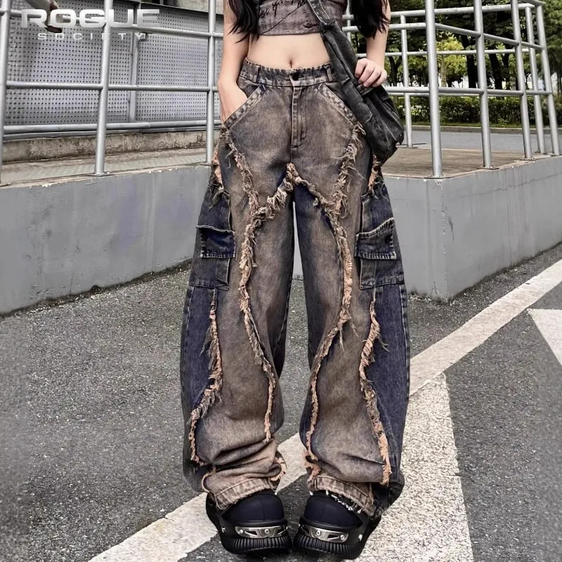 Y2K Grunge Deconstructed Distressed Farmer Uniszex Patchwork mosott széles szárú farmer nadrág Hip Hop utcai viselet Harajuku punk nadrág