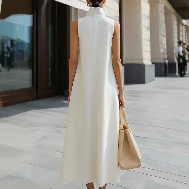 แฟชั่นที่เรียบง่ายปุ่มคอสูงชุด Maxi ผู้หญิงฤดูใบไม้ผลิกระเป๋า A-Line ชุดยาวฤดูร้อนแขนกุดชุดโบฮีเมียน — image 2