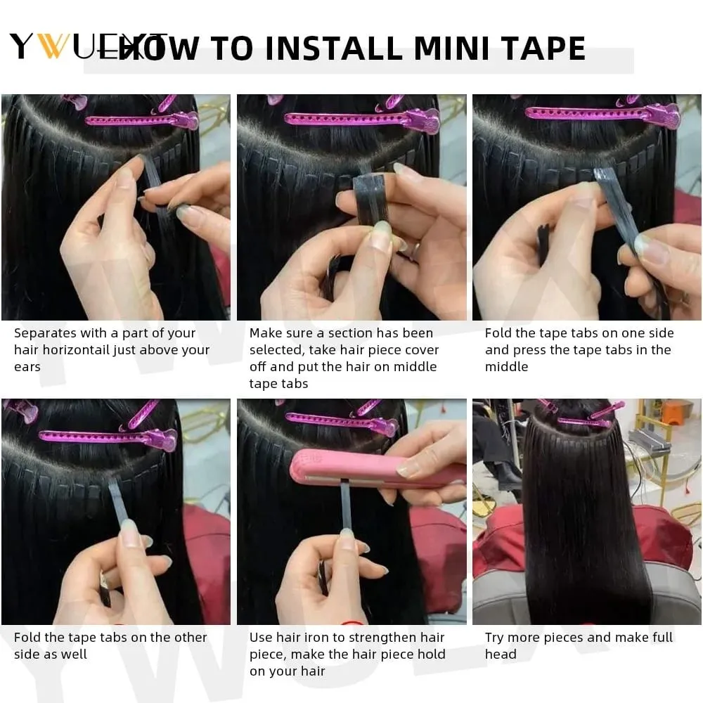 Mini taśma w doczepach z ludzkich włosów prosta naturalna czerń 1B # wykonane maszynowo włosy Remy 10 sztuk/paczka niewidoczna taśma do włosów — image 6