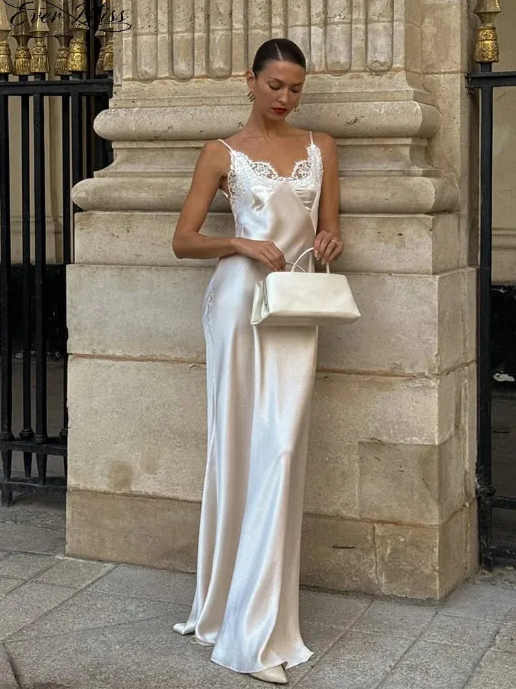 Abiti lunghi da donna sexy con scollo a V in raso Abiti eleganti chic in pizzo bianco patchwork senza maniche abiti slim senza schienale Abito da sera estivo — image 1