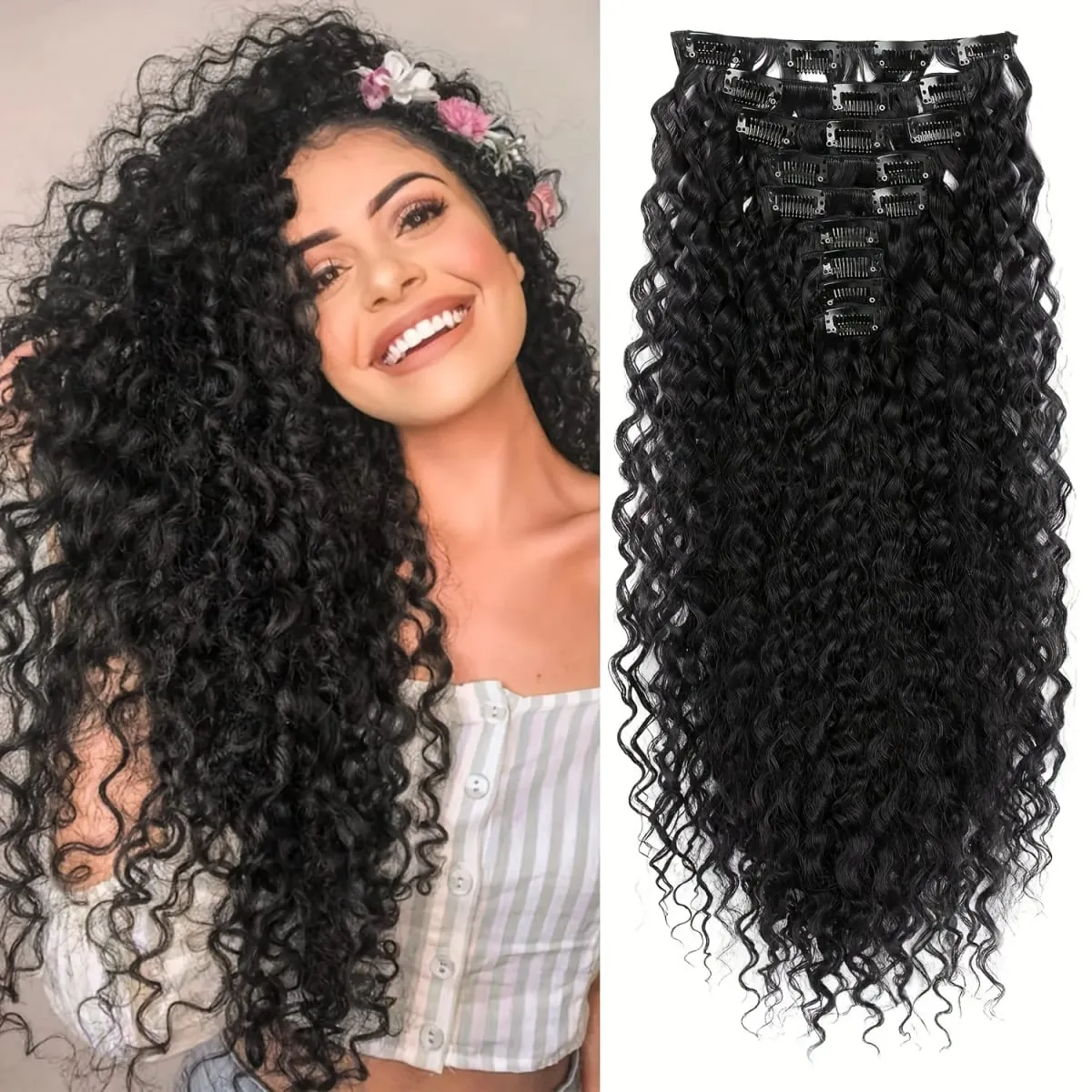 9PCS ที่ยอดเยี่ยม Handstitching คลิปในส่วนขยายของผม 22 นิ้ว CURLY Hair EXTENSION ยาวนุ่มสังเคราะห์ Hairpieces สำหรับผู้หญิง — image 8
