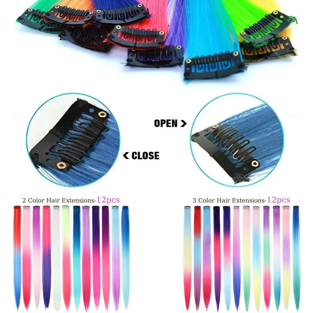 20 inci patchwork 3 warna sintetik klip tunggal warna pelangi sambungan rambut sambungan rambut 24 warna untuk kanak-kanak perempuan hadiah percutian — image 3