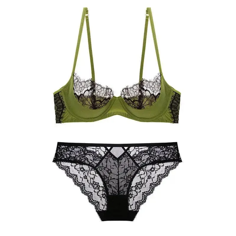 Set Bra Setengah Cangkir Renda Tipis Ultra Tipis Wanita Peminimal Payudara Besar Mendukung Pengangkat Pakaian Dalam Lingerie Kasual Nirkabel Ringan S-XL — image 8