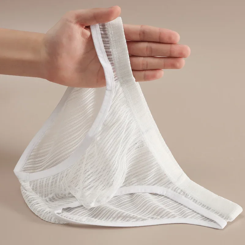 Celana Dalam Pria Celana Dalam Sutra Es Jaring Bergaris Bikini Ultratipis Bersirkulasi Tembus Pandang Kantong Cembung U Lingerie Eksotis String Homme — image 1