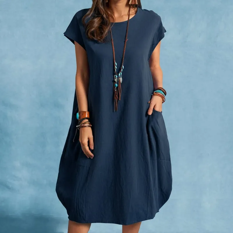 Frühling und Sommer Europa und die Vereinigten Staaten Amazon Stand Alone eBay Baumwolle Leinen Lose Lässige Reine Farbe Taschenkleid Damen — image 1