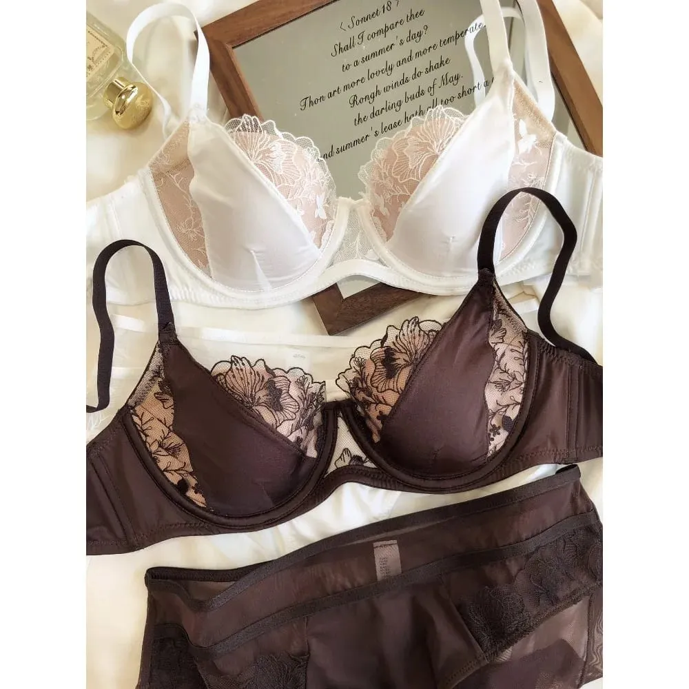 French Retro Color Block Lace Bra Set Soft Underwire Minimizer Thin Cup Lift Support Lingerie Set Women Size 34-40ABC — image 2
