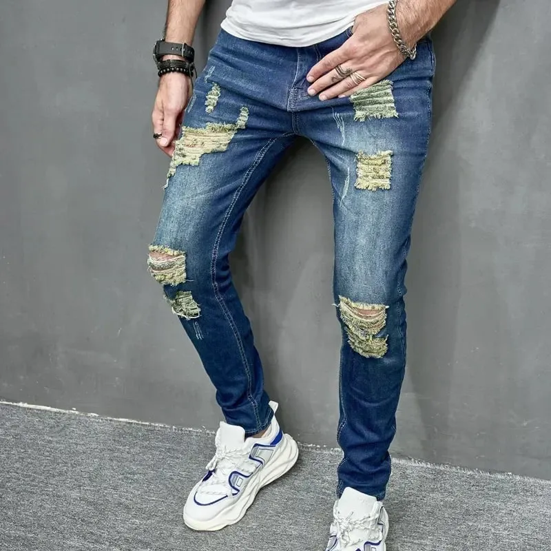 2024 ใหม่สไตล์ผู้ชายส่วนบุคคล Ripped สีทึบกางเกงยีนส์ Skinny ยืดเท้าเล็กๆ Streetwear รถจักรยานยนต์ DENIM กางเกงชาย — image 5