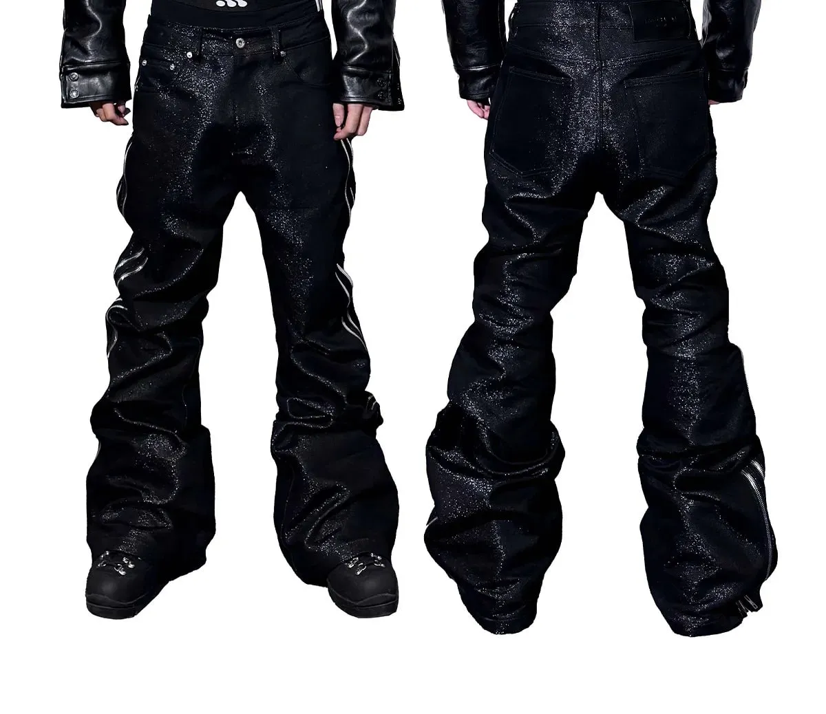 Jeans bootcut con trama metallica intrecciata in filo d'argento di alta qualità Jeans impilati punk gotico con doppie cerniere laterali da uomo — image 8