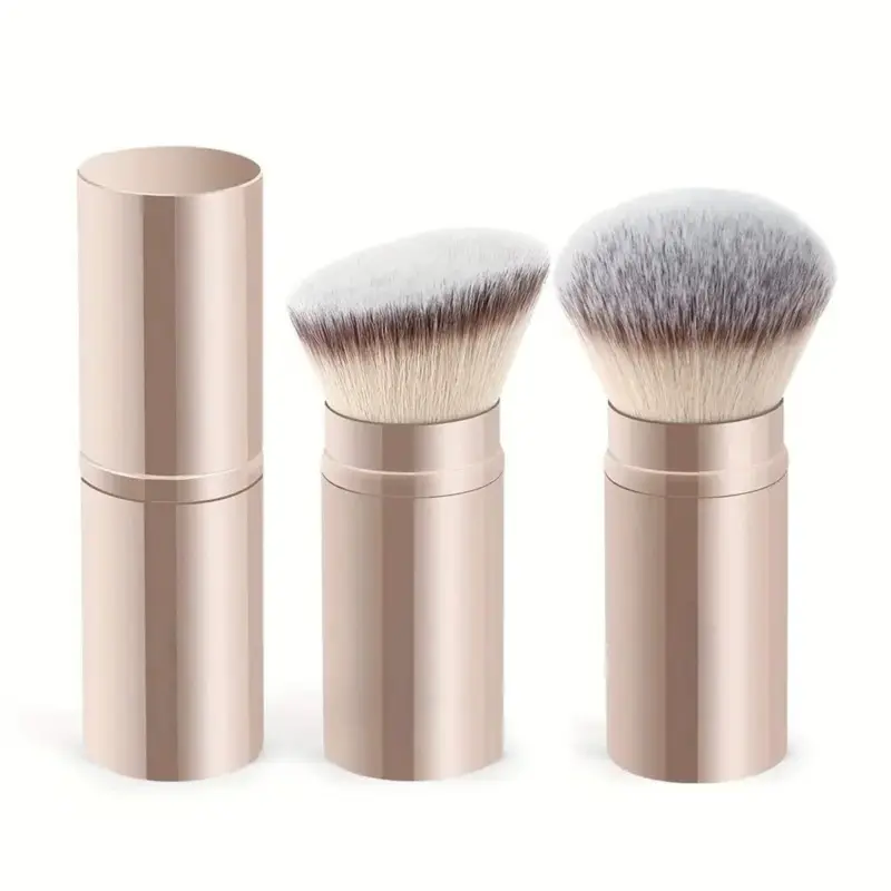 2 Buah Kuas Rias Foundation Portabel dengan Tutup Kuas Miring Kepala Bulat Dapat Ditarik Alat Rias Kuas Perona Pipi Concealer Wajah