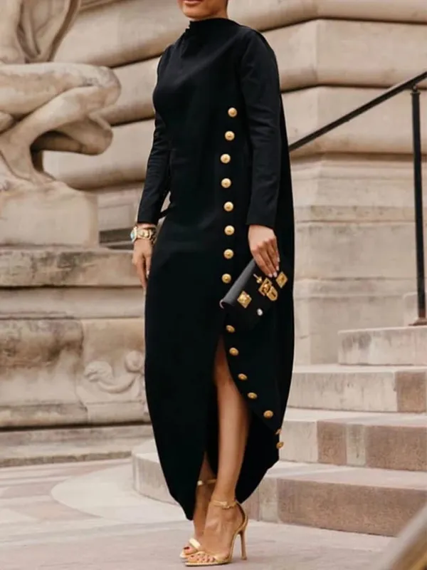 Robe de soirée noire élégante, boutonnée, fendue sur le côté, col haut, mode, manches longues, ample, robes Maxi de bureau, 2026