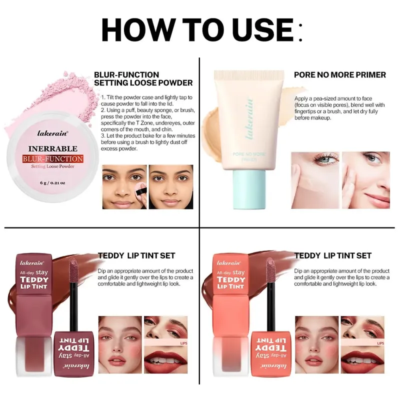 4 teile/satz Pore No More Primer + Lippentönung + Lose Abbindepuder Make-up-Set Matte Langlebige Wasserdichte Wirkung Reise Tragbar — image 6