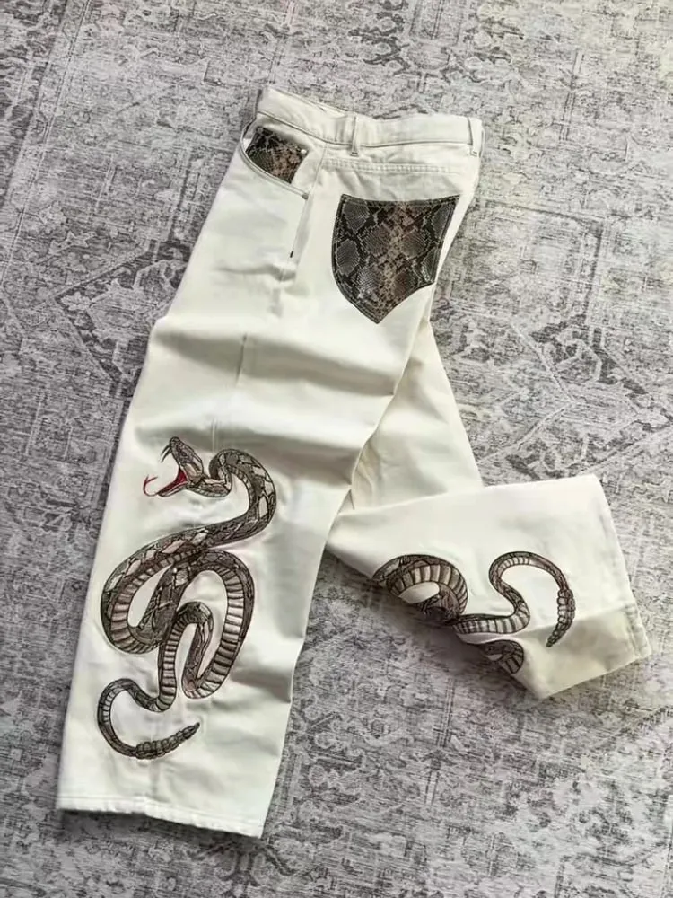 Dạo Phố Retro Rắn Quần Jean Boa Thêu Đồ Họa In Trăn Túi Quần Denim Y2K Xu Hướng Unisex Quần Baggy Ống Suông Quần — image 5