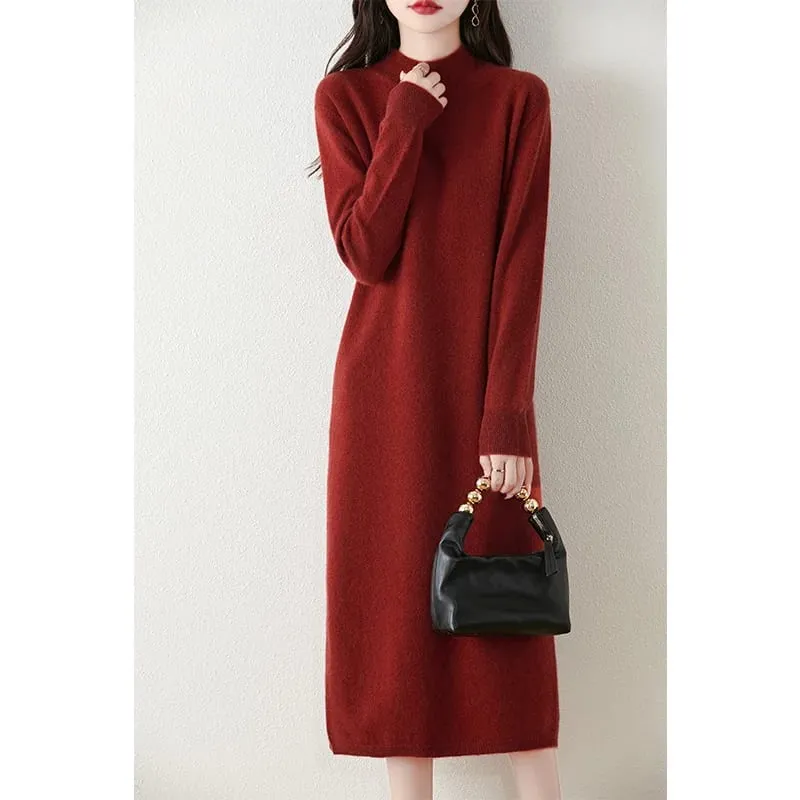 Autumn Winter Women's Wool Long Dress Cashmere Mock Neck Pullover Sweater 100% Merino Wool Soft Knitwear OL Simple Basic Dress — image 11