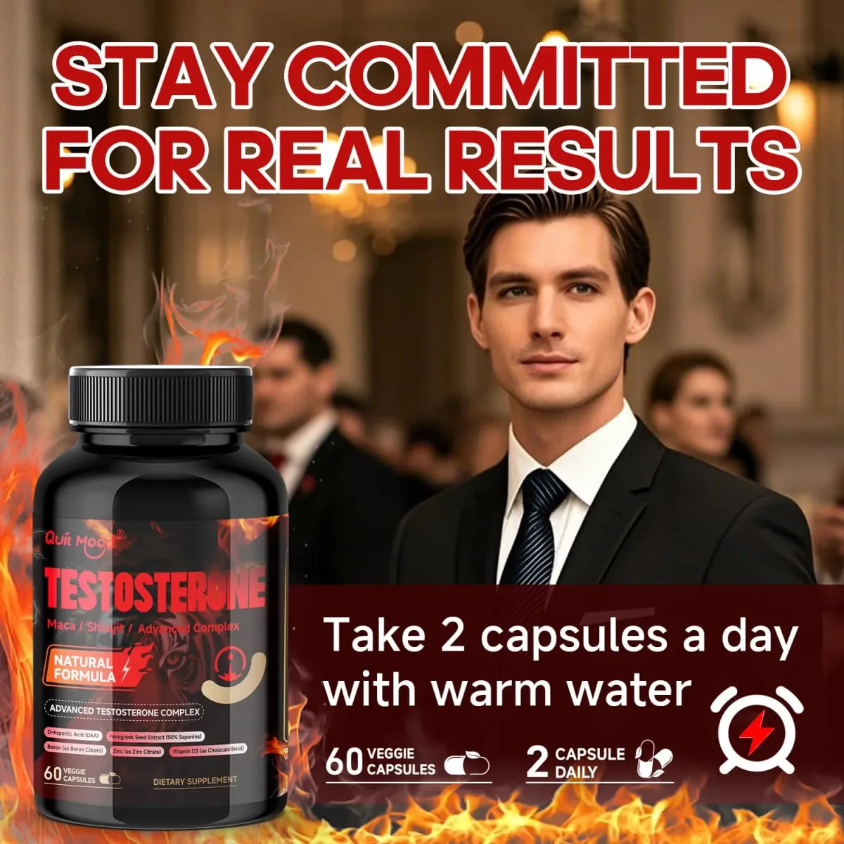 Quit Mood Men's Testosterone Capsules | 100mg Maca & 50mg Shilajit & More | Hormone Balance & Stamina Enhancer – 60 Capsules — image 4