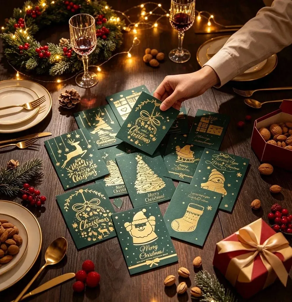 10 Adet Vintage Altın Folyo Noel Katlanır Tebrik Kartları Çok Desen Nimet Tatil Kartları Yeni Yıl Kartpostal Hediye Kartları
