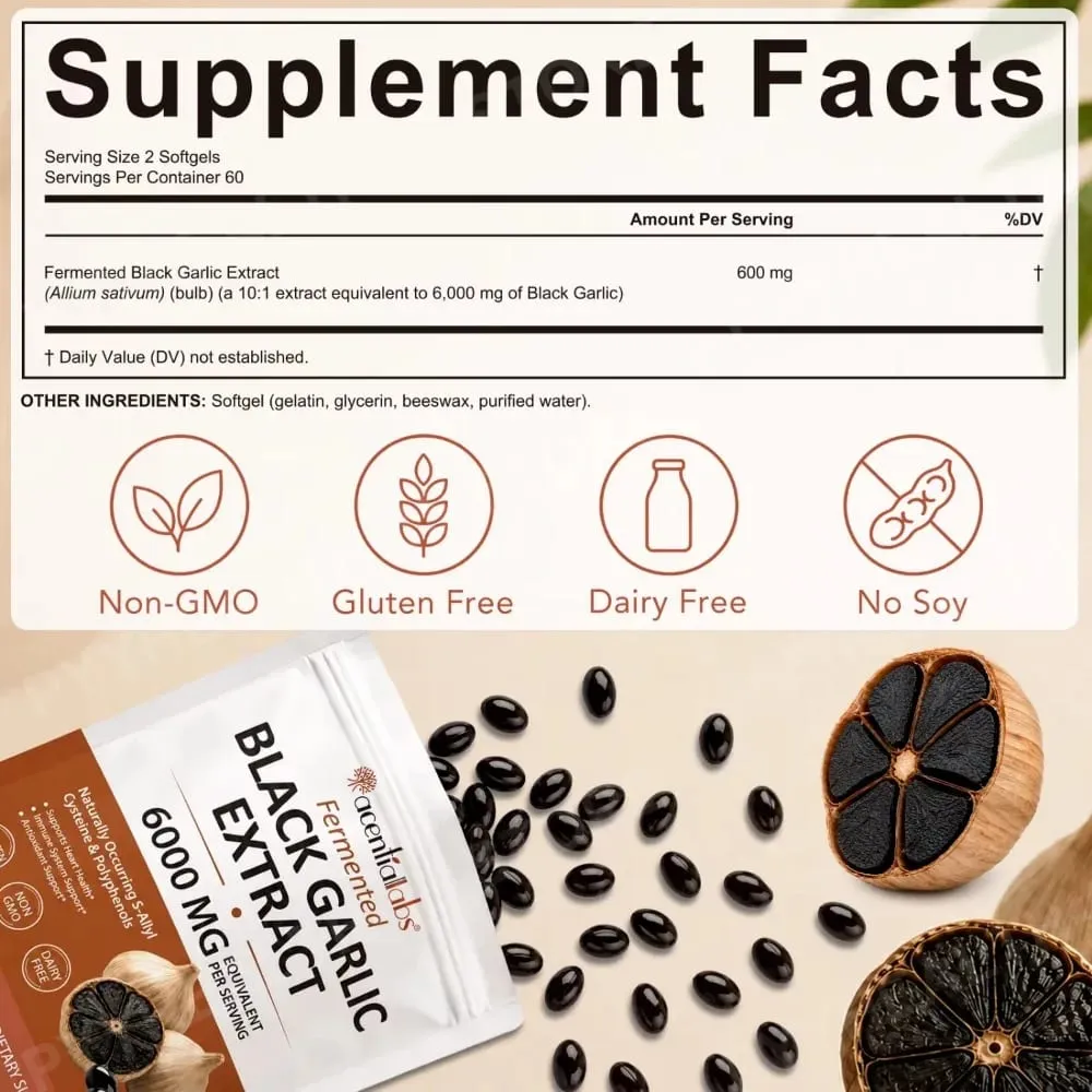 Estratto di aglio nero Softgel 600 mg Concentrato 10:1 per il benessere del cuore Supporto immunitario Equilibrio digestivo Vitalità 120 conteggi — image 2