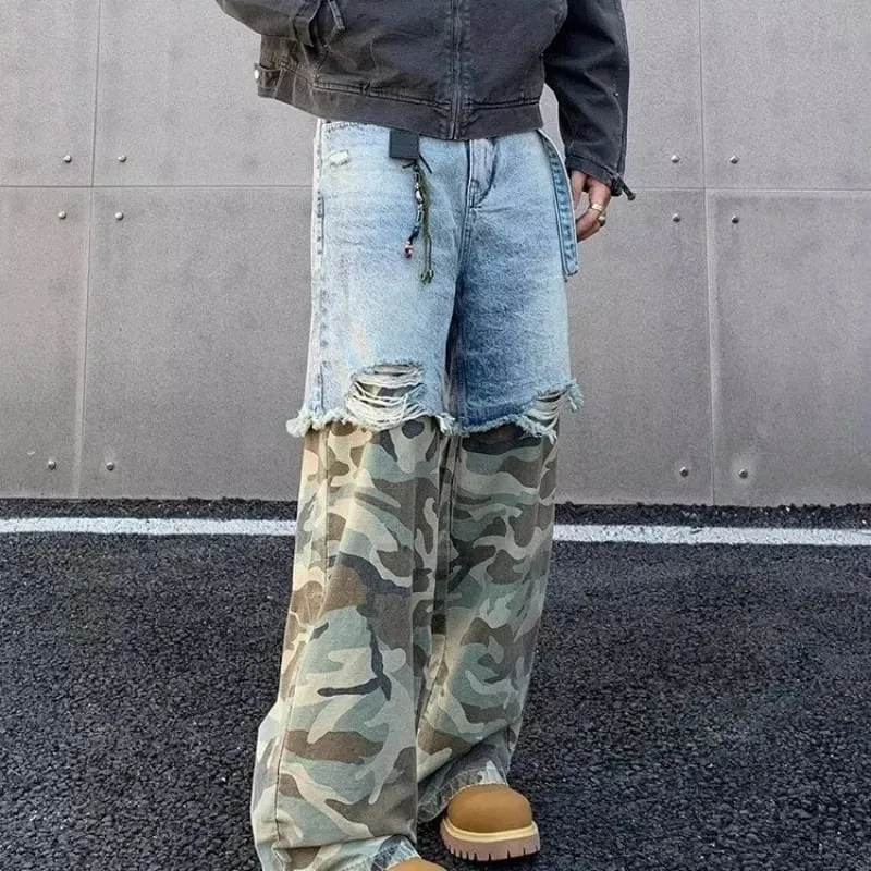 Street Patchwork Ripped Camouflage กางเกงยีนส์ Baggy ปลอม 2 ชิ้นล้างกางเกงยีนส์ Vintage Y2K Camo Cargo Straight Jean Man — image 6