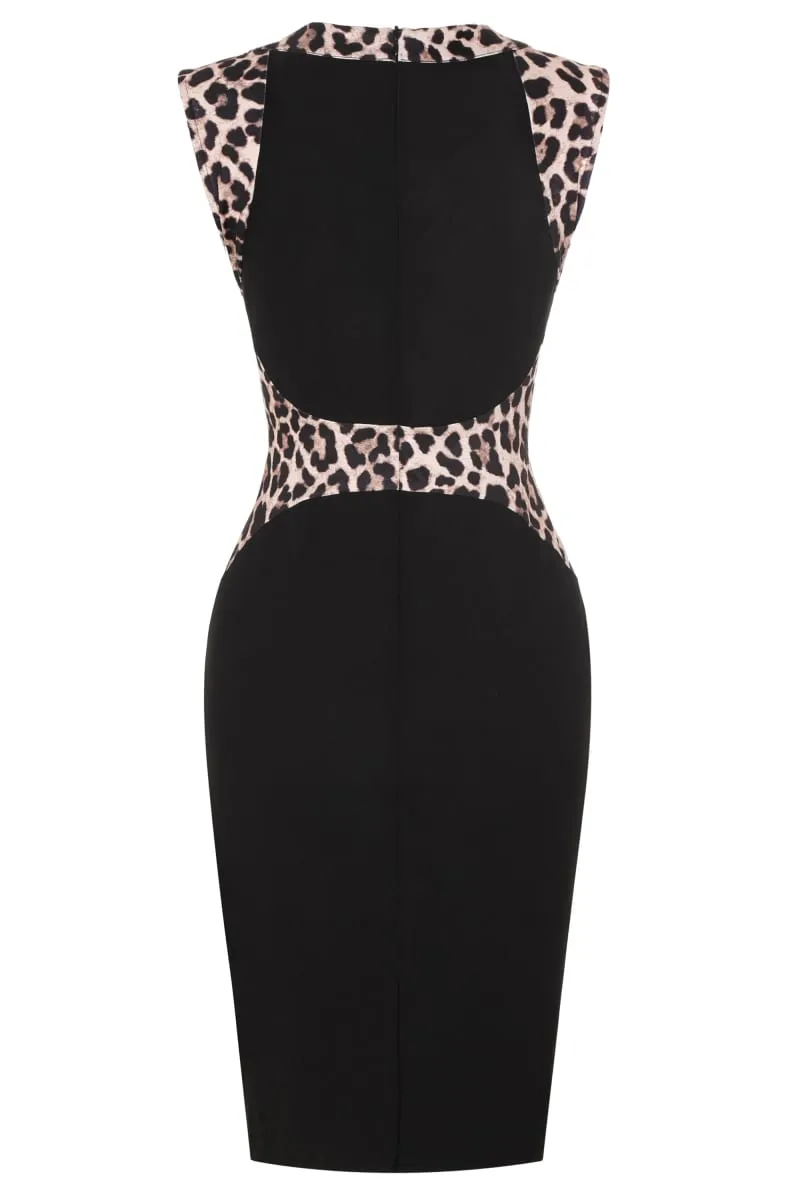 Bayan Leopar Patchwork Ekip Boyun Kolsuz Kokteyl Diz Boyu İş Rahat Parti Yaz Kalem Bodycon Kılıf Elbise — image 2
