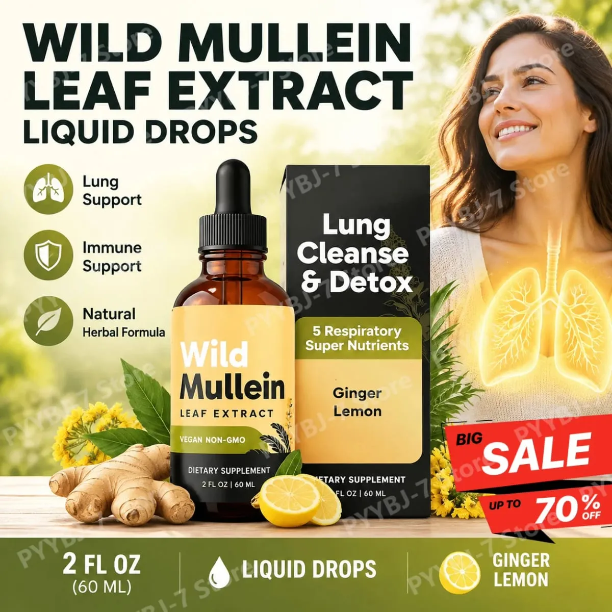 All Natural Mullein Drops with Ginger Lemon for Lung Cleanse and Detox Mullein Leaf Extract for Respiratory Lung Health — image 1