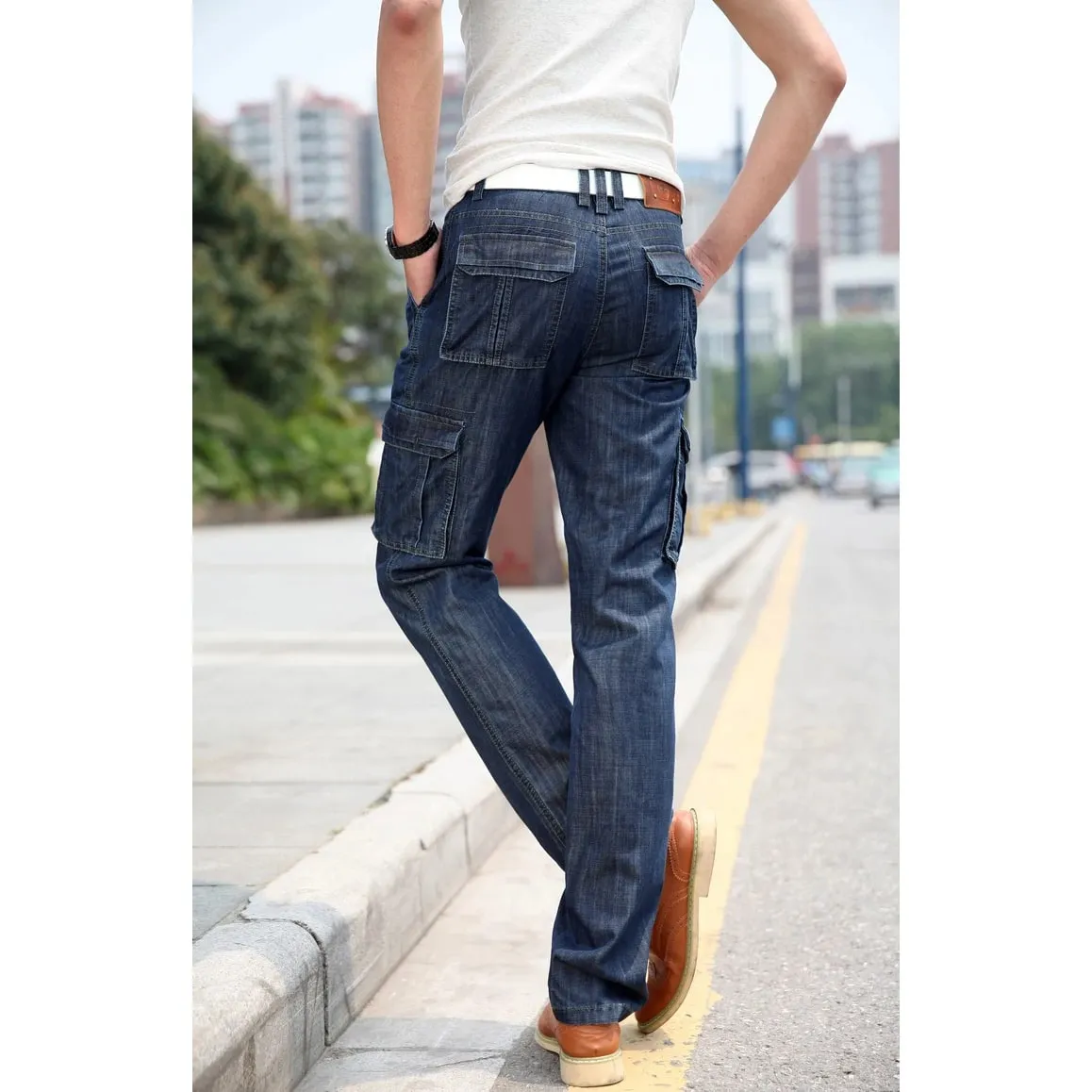 Yüksek Kaliteli erkek Kot Çok Cep Denim Kargo Pantolon Büyük Boy Rahat Pantolon Erkek Giyim Gevşek Pantolon 29-44 — image 3