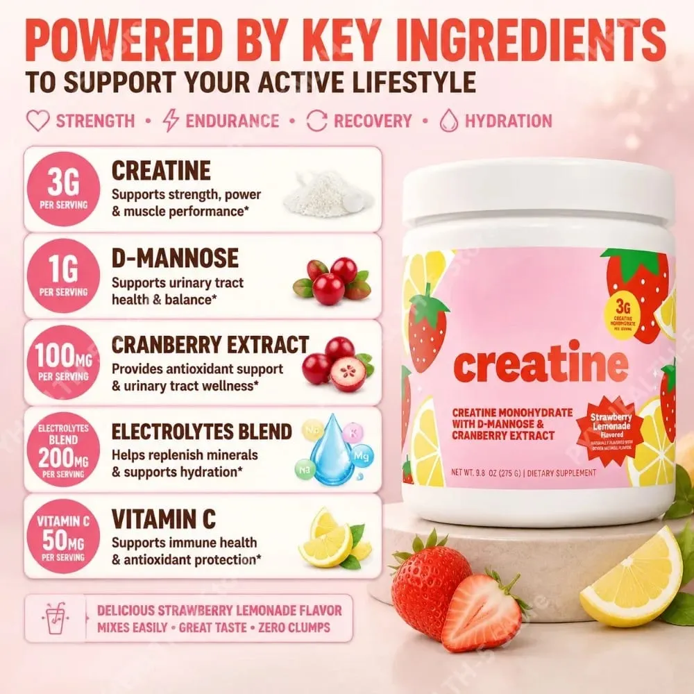 Doplněk kreatin monohydrátu v prášku 3 g porce Veganské složení Jahodová limonáda s příchutí nula cukru pro aktivní životní styl — image 5
