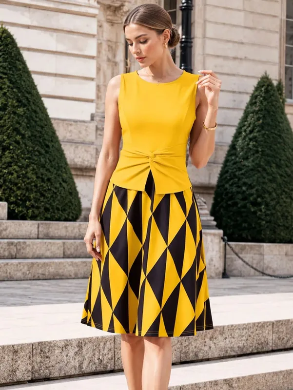 Damen Sommer-Twist-Rundhalsausschnitt, ärmellos, Schößchen, gepunktet, Patchwork, lässig, elegant, Passform und Schlag, Party-A-Line-Swing-Kleid — image 11