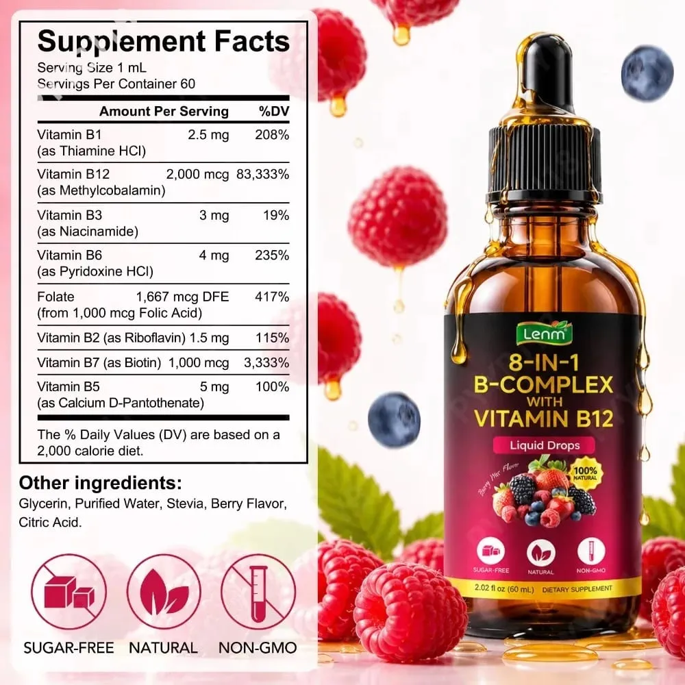 Vitamin B Kompleks 8-dalam-1 Mengurangkan Penyerapan Maksimum dengan Vitamin B12 Folat Menyokong Metabolisme Fokus Tenaga & Kesihatan Saraf 60ML — image 3