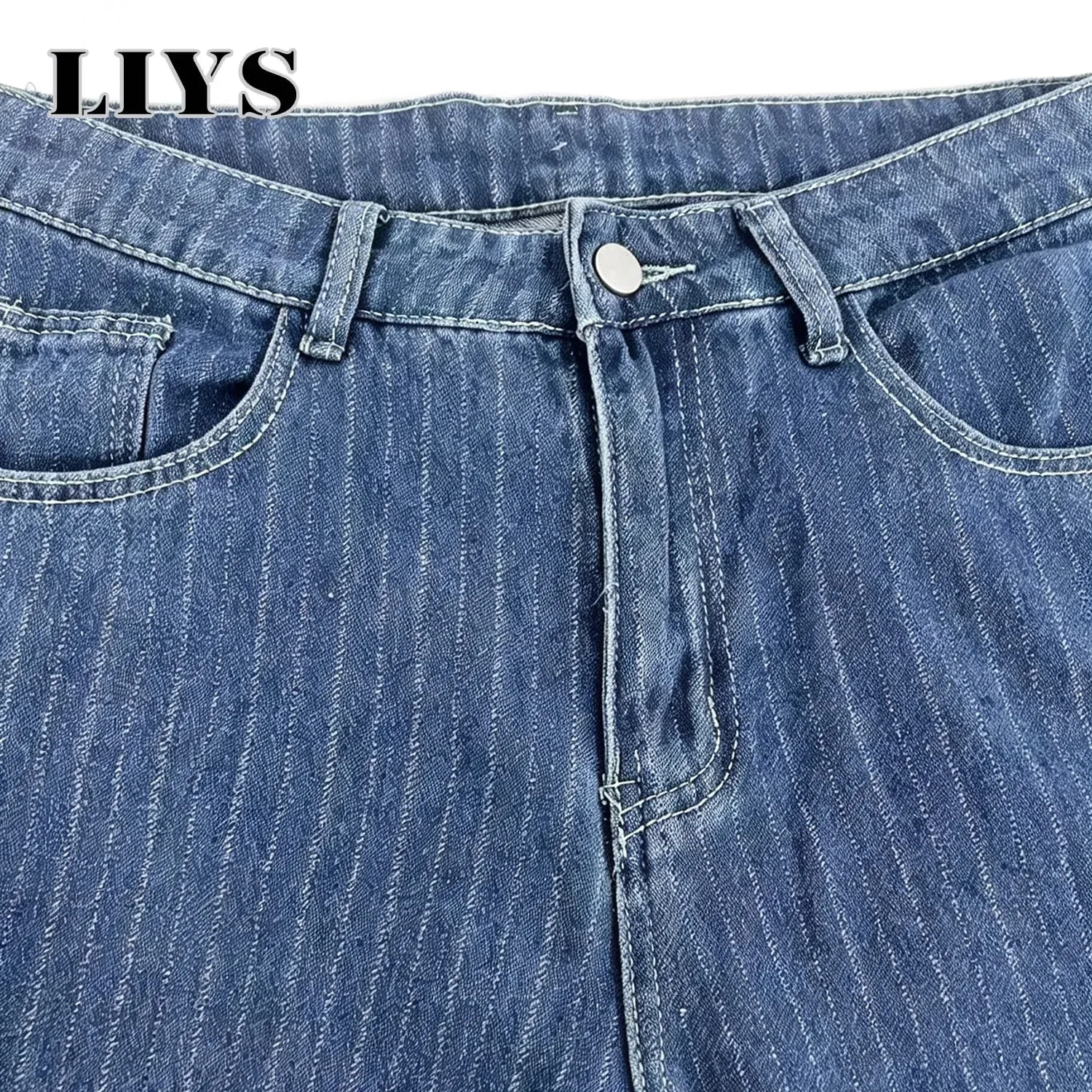 ผู้ชายแนวตั้งบางลาย Jacquard Baggy DENIM กางเกงคลาสสิกสีฟ้าหลวมขากว้างขาตรง VINTAGE ล้างกางเกงยีนส์
