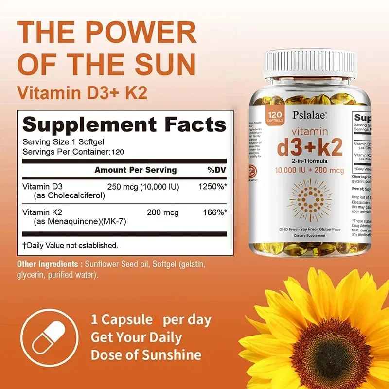 Vitamin D3 10000 IU with K2 200 Mcg 120 Soft-Gels | 2 in 1 Immune Support Healthy Muscle Function and Bone Health — image 3