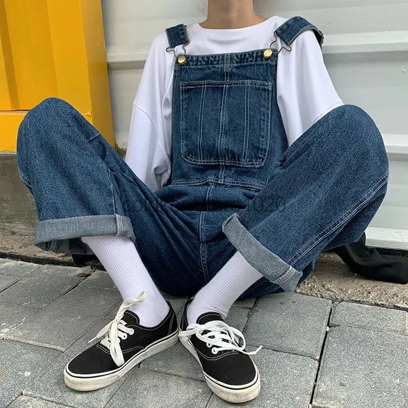 ใหม่ผู้ชาย DENIM Overalls Casual หลายกระเป๋าหลวม Splice ตรง Rompers แฟชั่นปรับ Suspenders กางเกงยีนส์สำหรับชาย — image 5