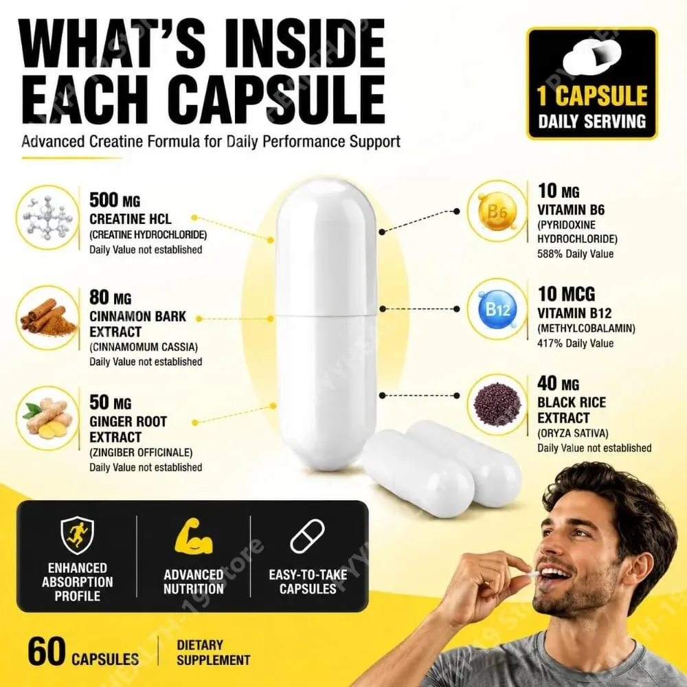 Docteat Creatine HCL Capsules พร้อมวิตามินบี 6 B12 และอบเชยเพื่อพลังงานของกล้ามเนื้อและการสนับสนุนประสิทธิภาพผู้ใหญ่ 60 แคปซูล — image 7