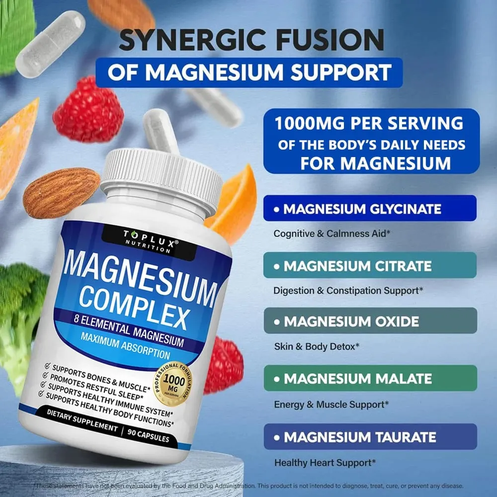 Magnesiumcomplex 1000 mg 8-elementair magnesiumsupplement met glycinaatcitraatoxide aspartaat orotaatmalaat tauraat High Abs