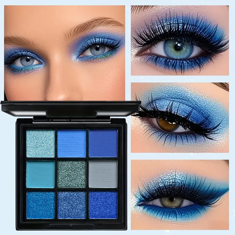 Luxueuse palette de fards à paupières bleus de 9 couleurs, effet velours mat et scintillant, maquillage durable, imperméable et durable pour les yeux fumés — image 1
