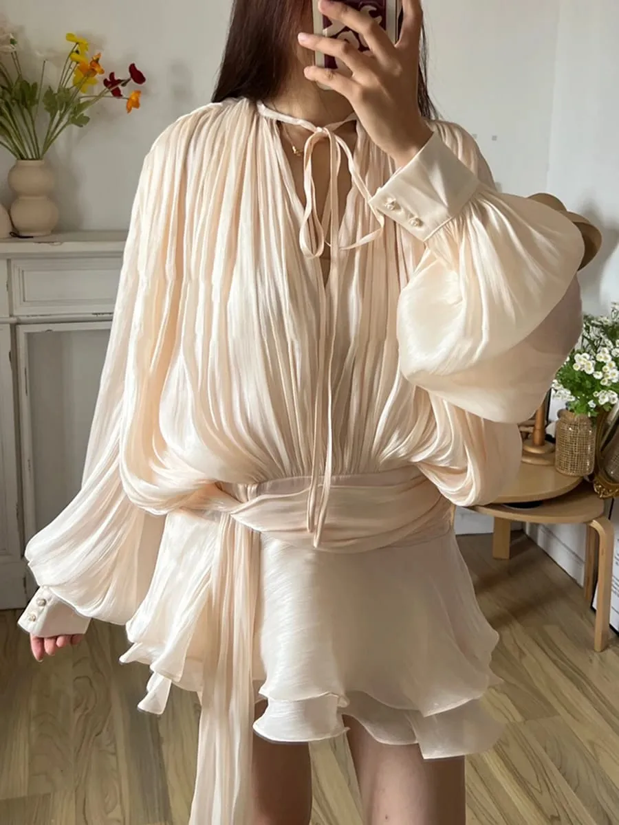 Solide Bluse Mini Kleider Für Frauen V-ausschnitt Langarm Verstärktes Spitze Up Süße Stil Kleid Weibliche Kleidung Mode — image 1
