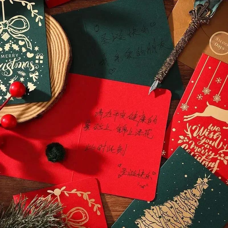 10 Adet Vintage Altın Folyo Noel Katlanır Tebrik Kartları Çok Desen Nimet Tatil Kartları Yeni Yıl Kartpostal Hediye Kartları