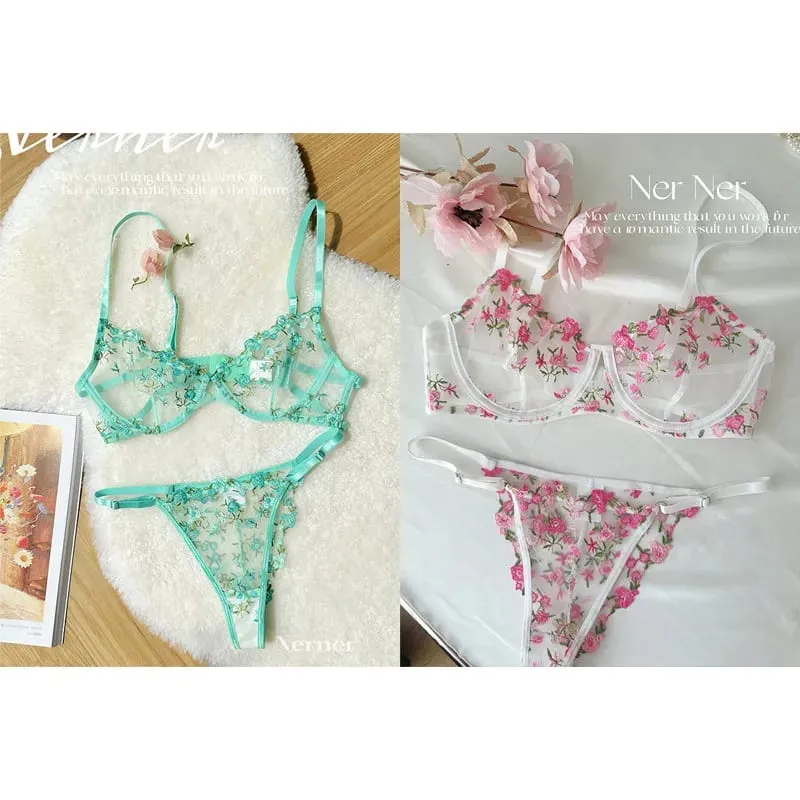 Set Bra Sulaman Renda Bunga Lutsinar Seluar Dalam Minimizer Nipis Musim Panas Lembut Bernafas Payudara Penuh Wanita Di Rumah Pakaian Harian S-XL — image 16