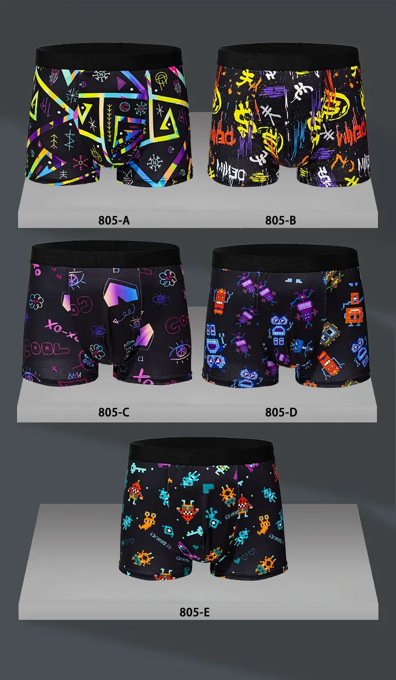 5 pezzi Intimo da uomo con stampa graffiti, pixel, cyberpunk, boxer comodo, casual e alla moda — image 4
