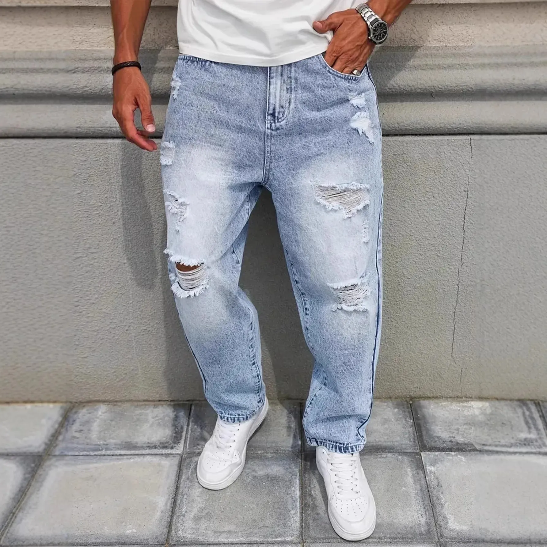 Jean en Denim effiloché déchiré bleu clair pour hommes, jambe droite Non extensible, ample, Baggy, pantalon en détresse, Vintage Y2K Hip Hop Da — image 4