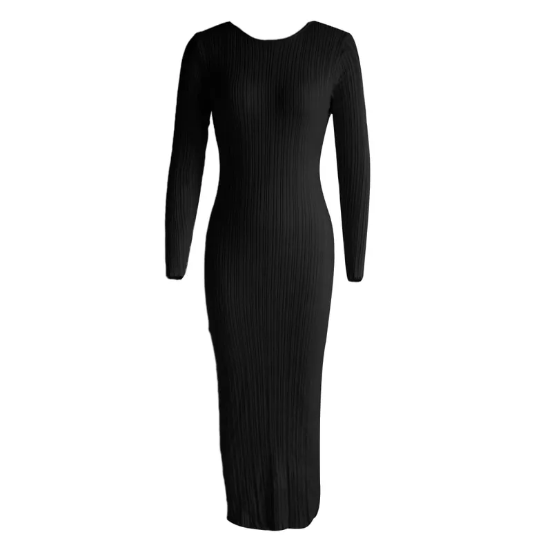Robe longue en tricot pour femmes, couleur unie, moulante, manches longues, col rond, côtelée, coupe cintrée, printemps automne — image 9