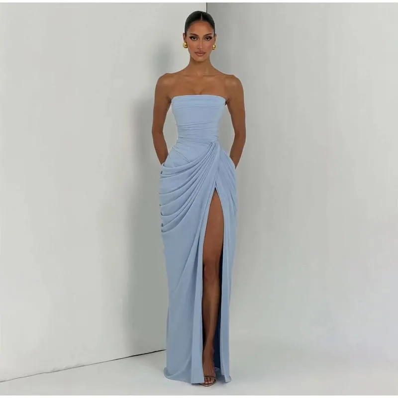 Abito da donna sexy a pieghe solido Lady Chic con spalle scoperte Senza spalline Abiti spaccati a vita alta 2026 Abito da sera estivo — image 4