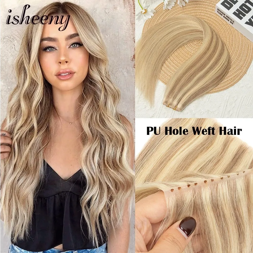 Double Inject XO Hole Weft Human Hair Extensions 12"-24" Invisible Twin Tab Weft Hair Natural Straight Pull Through Micro Hair — image 3