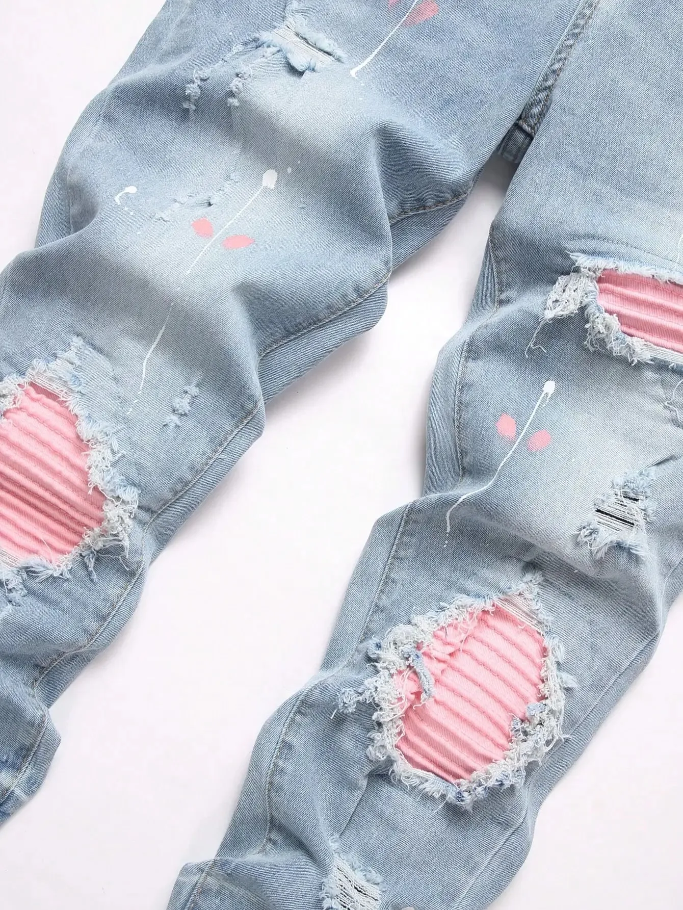 Jean Denim en détresse pour hommes, très extensible, trou déchiré, patchs de motard roses, peinture, pantalon en Denim, coupe cintrée, pantalon Hip Hop de rue décontracté — image 3